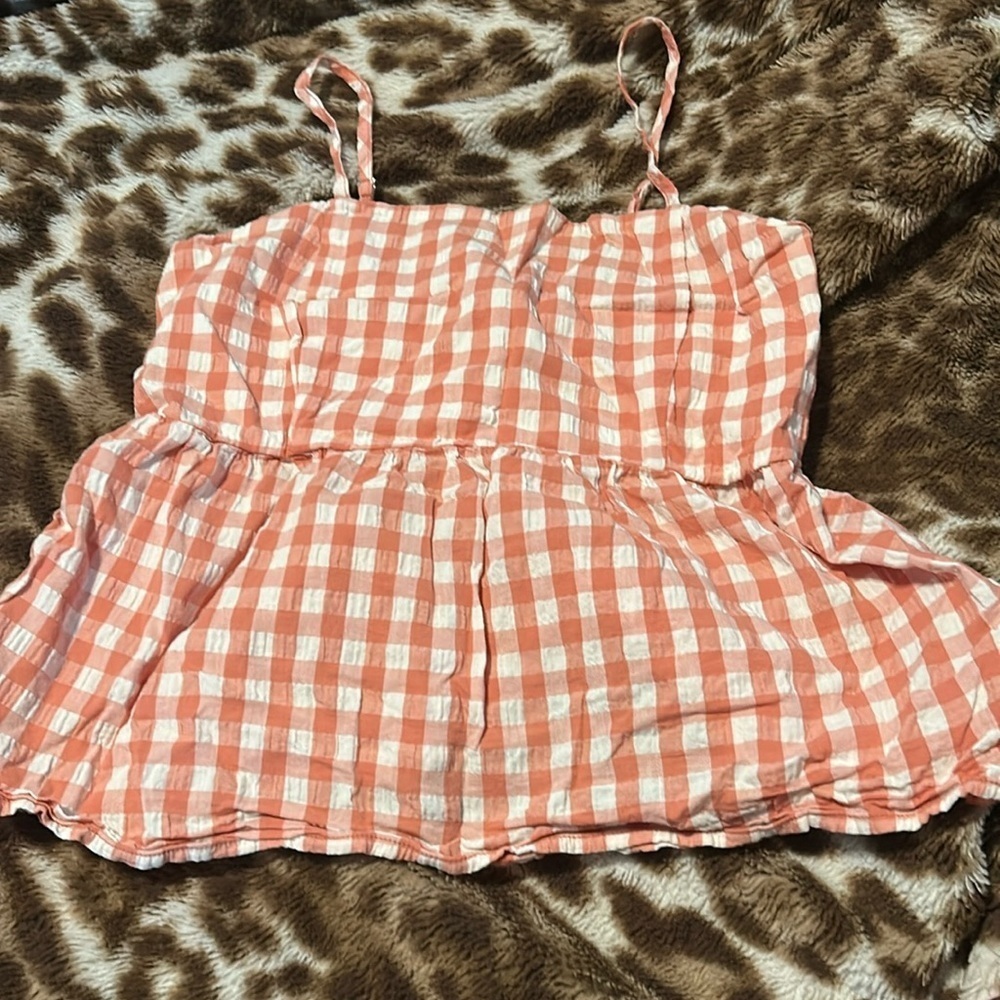 Orangish White Gingham Sleeveless Top - Picture 1 of 3